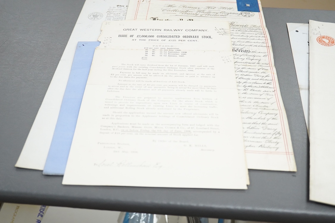 Railway related documents including; a GWR season ticket flyer dated 1854, a Southern Railway instruction booklet for drivers, firemen and guards, share certificates, 1940s and 50s temporary timetables, a Festiniog Railw
